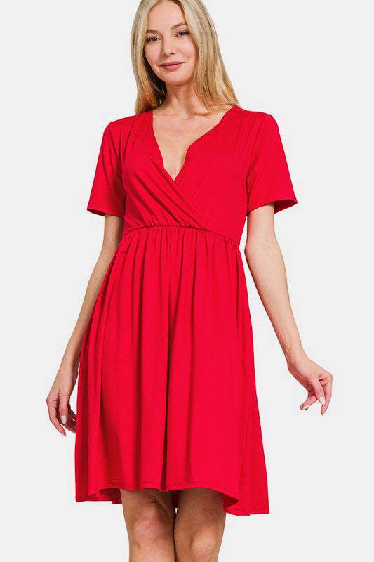Zenana Surplice Short Sleeve Brushed DTY Dress - Trendsi - Flyclothing LLC