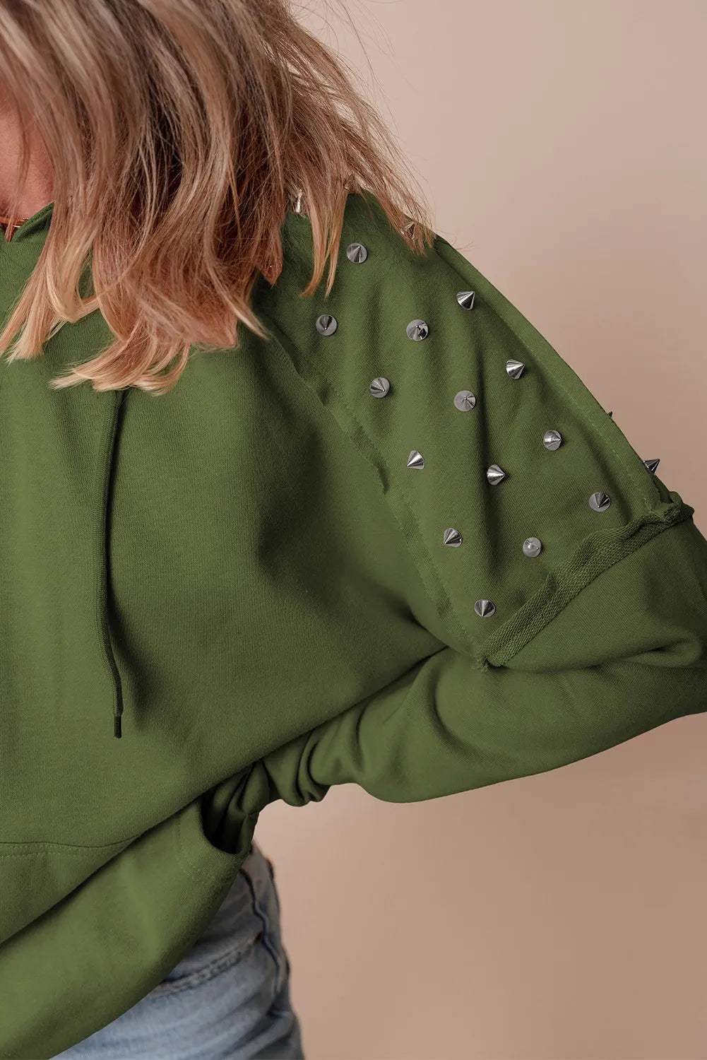 Rivet Drawstring Long Sleeve Hoodie - Trendsi - Flyclothing LLC