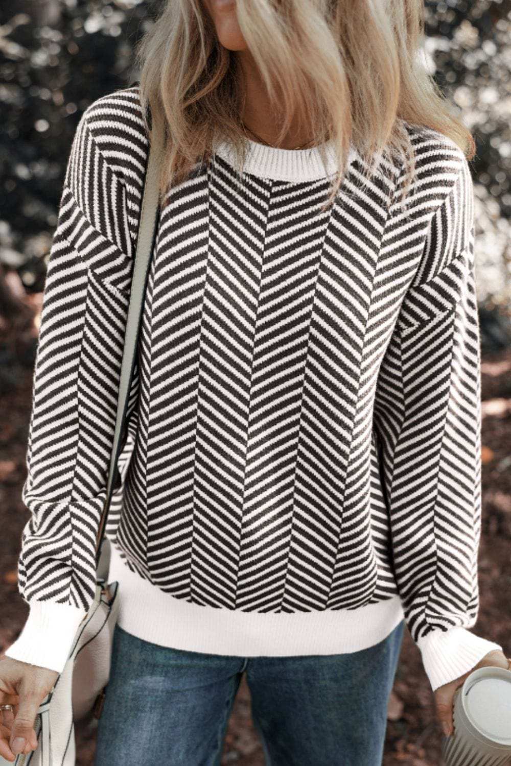 Striped Round Neck Long Sleeve Sweater - Trendsi - Flyclothing LLC