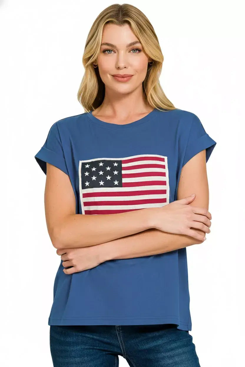 Zenana Full Size US Flag Round Neck Short Sleeve T-Shirt Plus Size - Trendsi - Flyclothing LLC