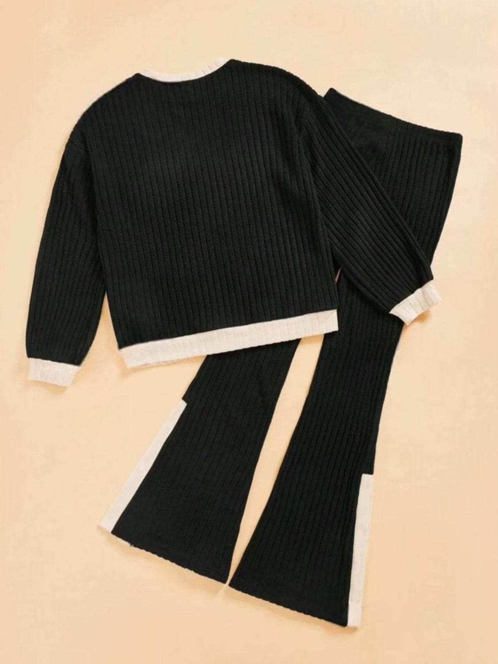 Contrast Round Neck Long Sleeve Top and Bootcut Pants Set - Trendsi - Flyclothing LLC