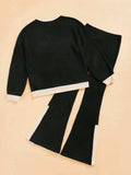 Contrast Round Neck Long Sleeve Top and Bootcut Pants Set - Trendsi - Flyclothing LLC