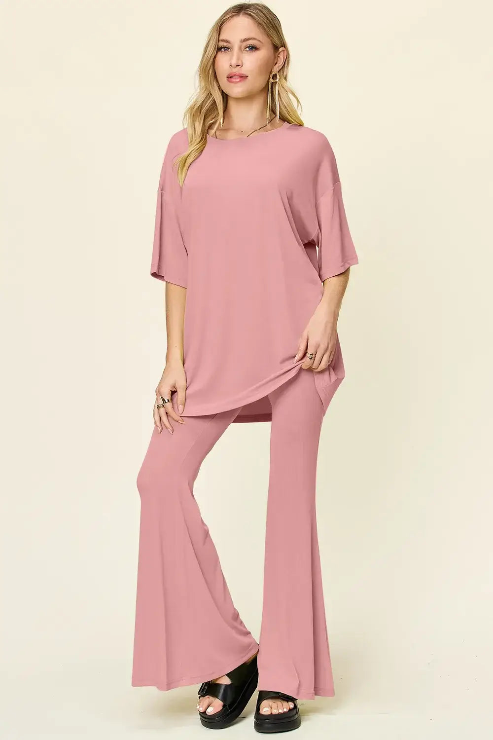 Double Take Full Size Round Neck Drop Shoulder T-Shirt and Flare Pants Set - Trendsi - Flyclothing LLC