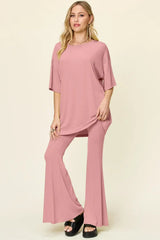 Double Take Full Size Round Neck Drop Shoulder T-Shirt and Flare Pants Set - Trendsi - Flyclothing LLC