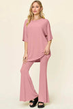 Double Take Full Size Round Neck Drop Shoulder T-Shirt and Flare Pants Set - Trendsi - Flyclothing LLC