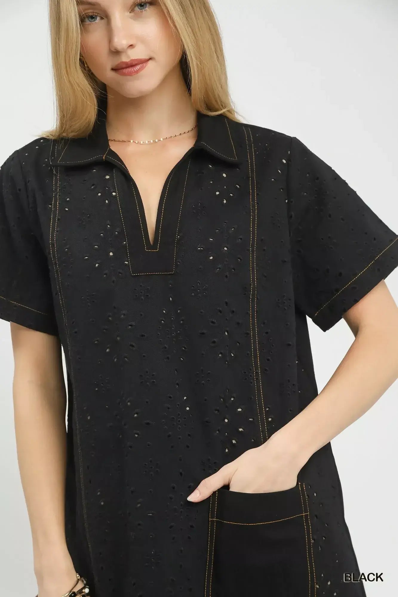 Umgee Eyelet Short Sleeve Shift Dress with Pocket - Trendsi - Flyclothing LLC