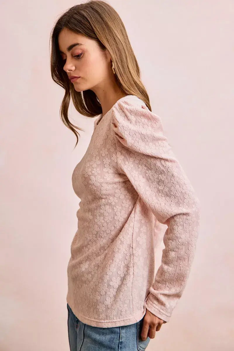 BiBi Textured Flower Knit Puff Shoulder Top - Trendsi - Flyclothing LLC