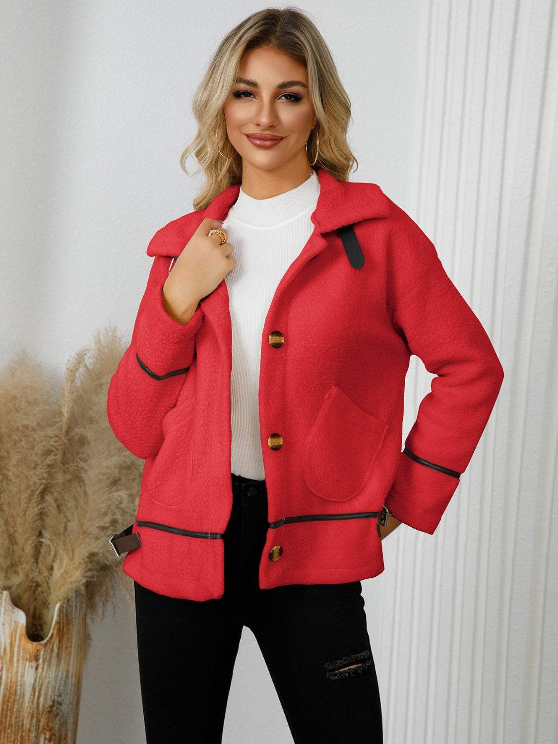 Pocketed Button Down Collared Neck Jacket - Trendsi - Flyclothing LLC