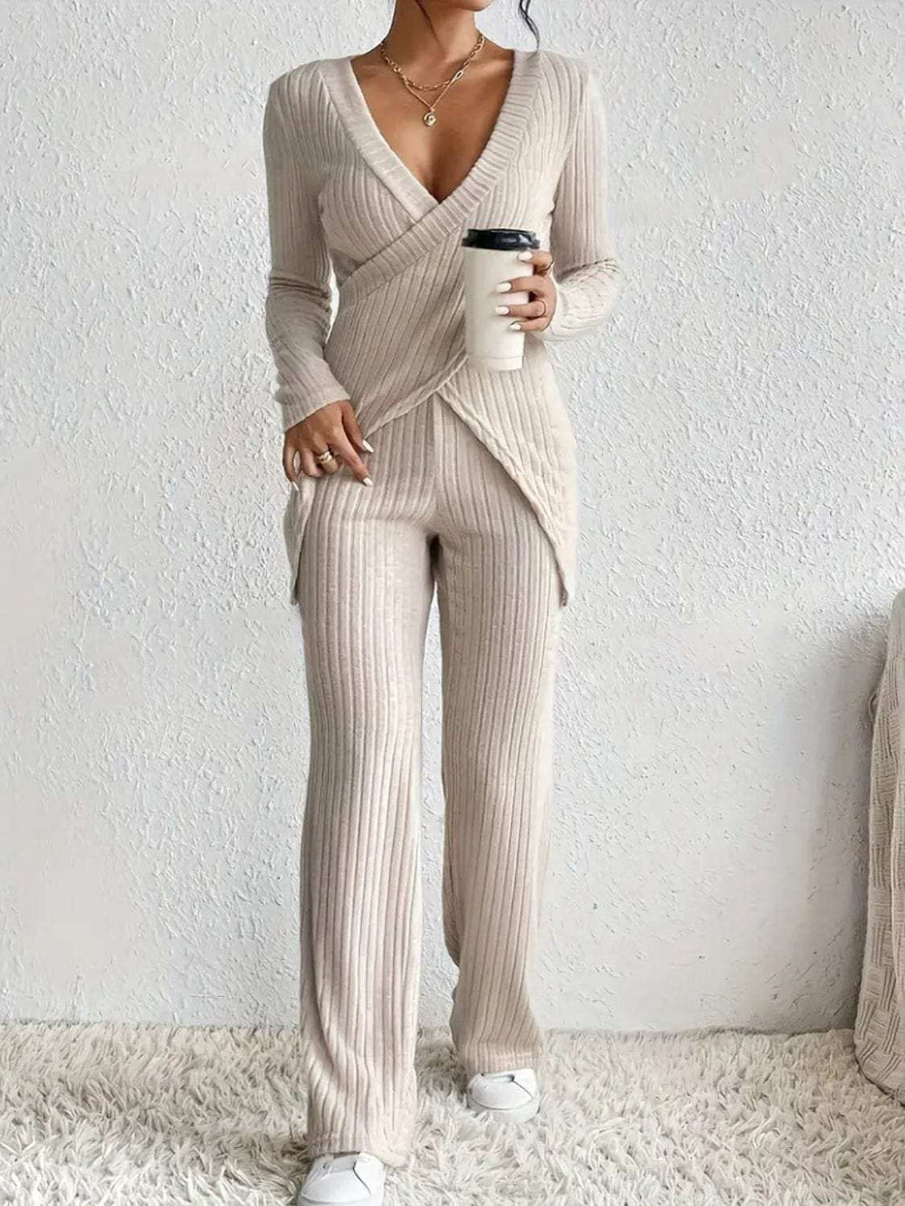 Surplice Long Sleeve Top and Pants Set - Trendsi - Flyclothing LLC