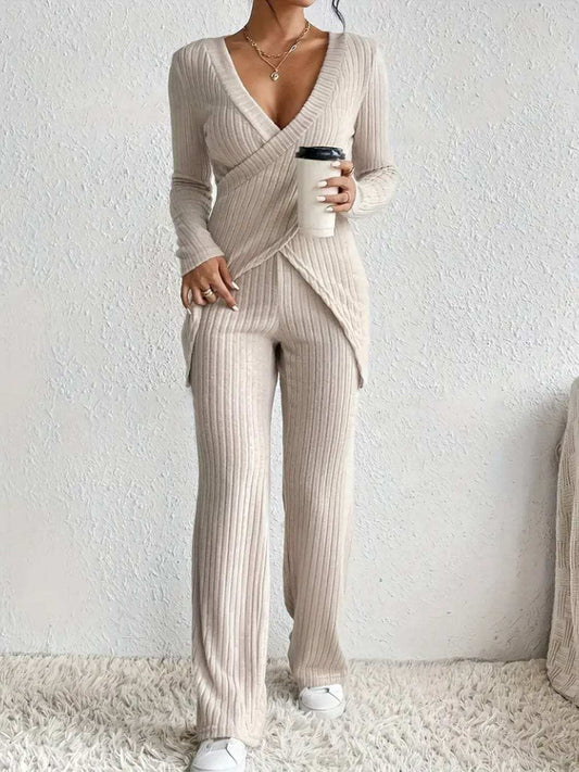 Surplice Long Sleeve Top and Pants Set - Trendsi - Flyclothing LLC