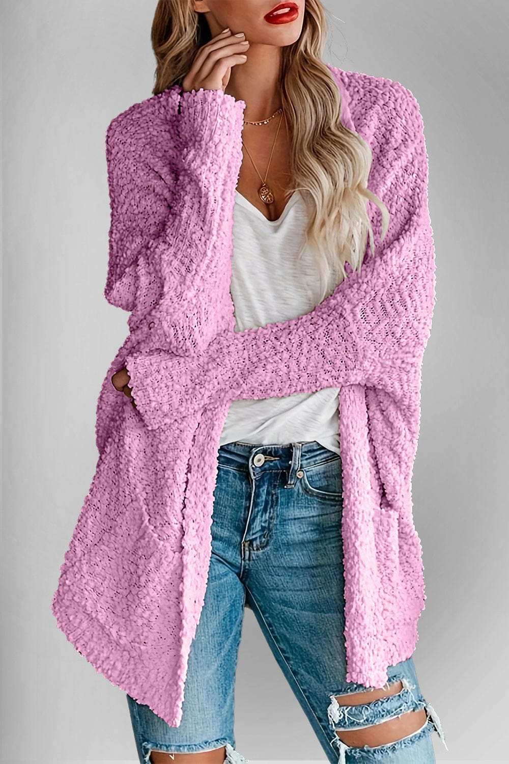 Double Take Pocketed Open Front Long Sleeve Cardigan - Trendsi - Flyclothing LLC