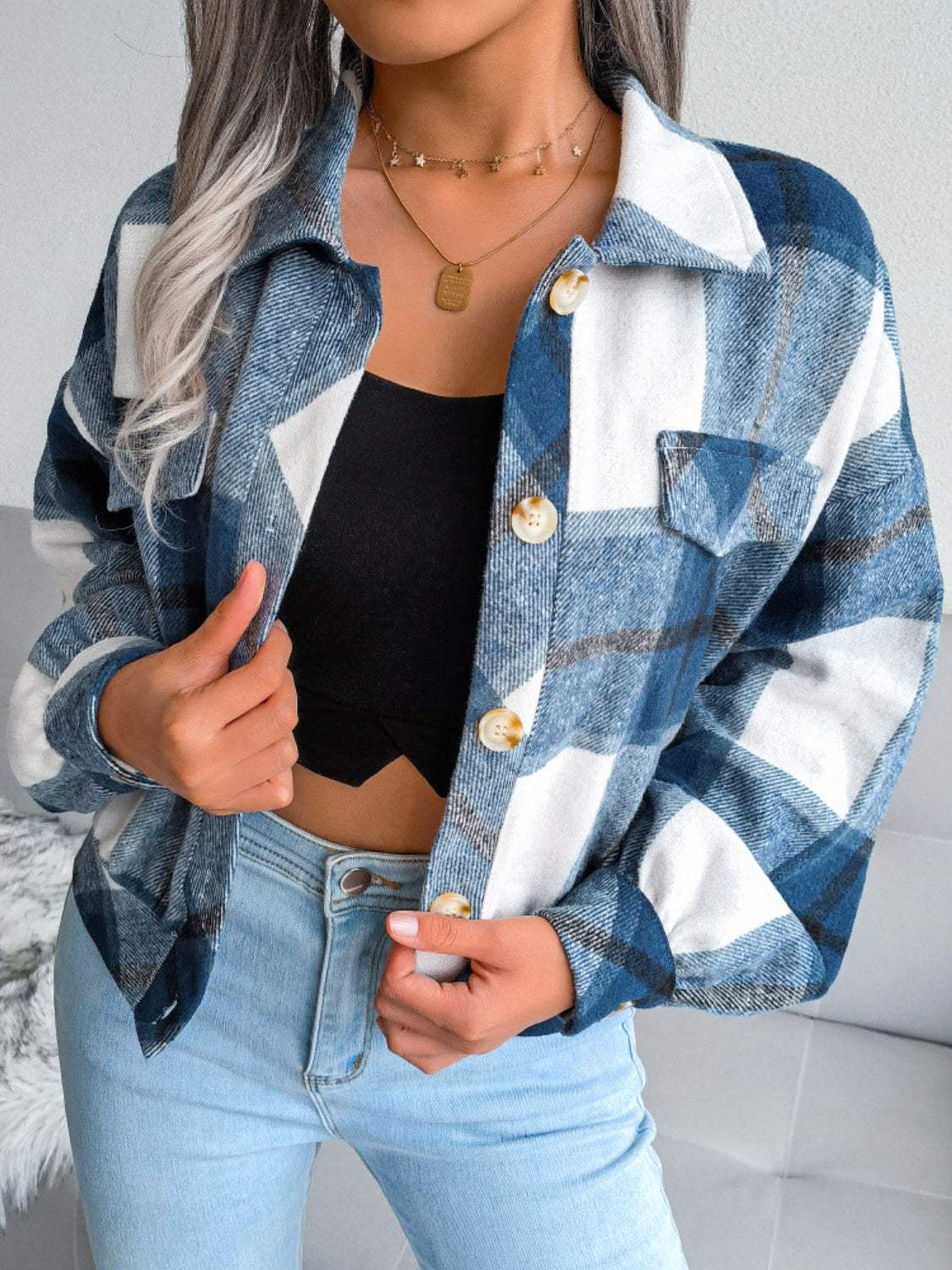 Plaid Collared Neck Long Sleeve Jacket - Trendsi - Flyclothing LLC