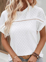 Eyelet Round Neck Short Sleeve Blouse - Trendsi - Flyclothing LLC
