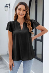 Ruffled Notched Short Sleeve Blouse - Trendsi