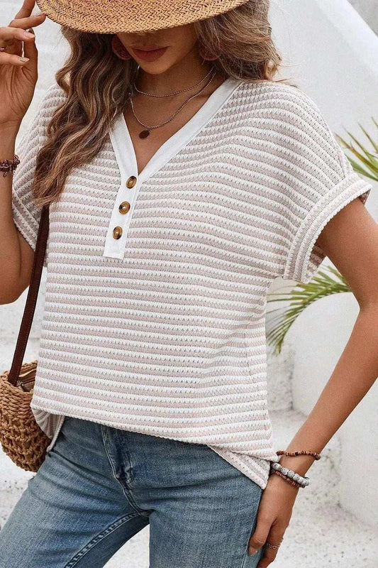 Stripe Buttoned Front V Neck T Shirt - Trendsi - Flyclothing LLC