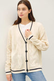 Be Cool Contrast Trim Cable-Knit V-Neck Cardigan - Trendsi - Flyclothing LLC