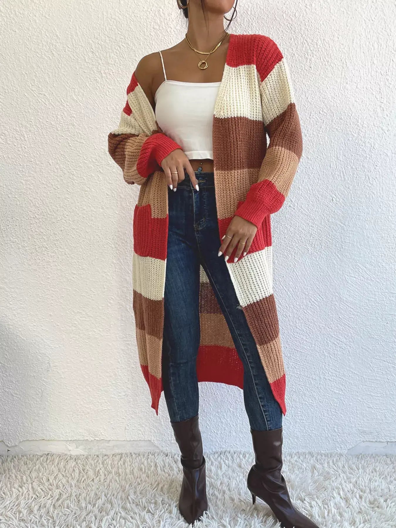Striped Color Block Open Front Knit Cardigan - Trendsi - Flyclothing LLC