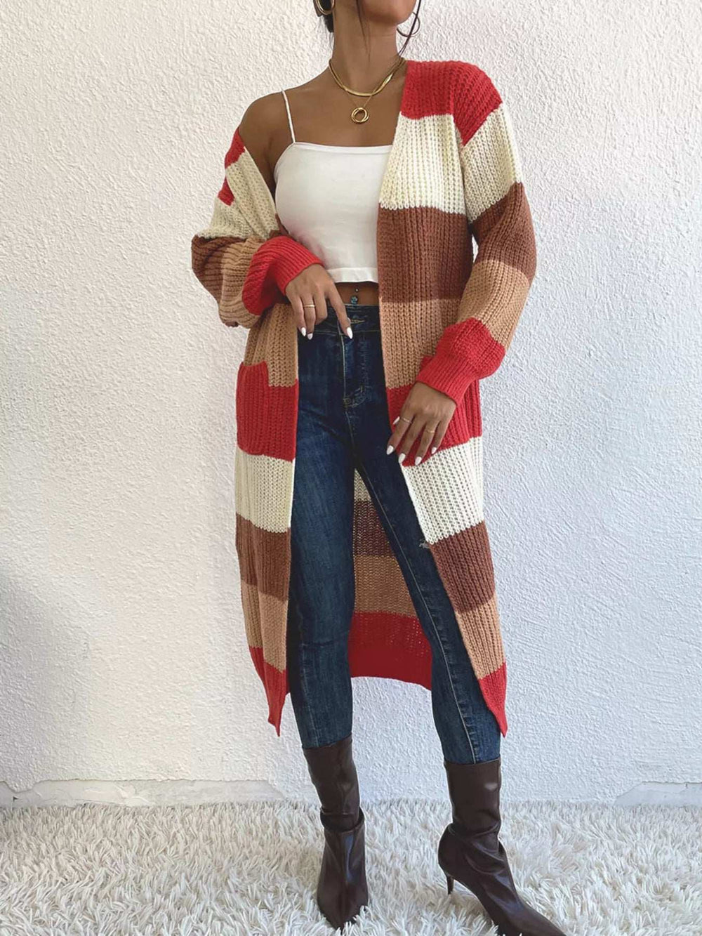 Striped Color Block Open Front Knit Cardigan - Trendsi - Flyclothing LLC