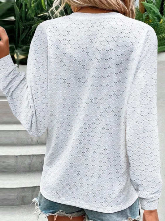 Eyelet Notched Long Sleeve T-Shirt - Trendsi - Flyclothing LLC