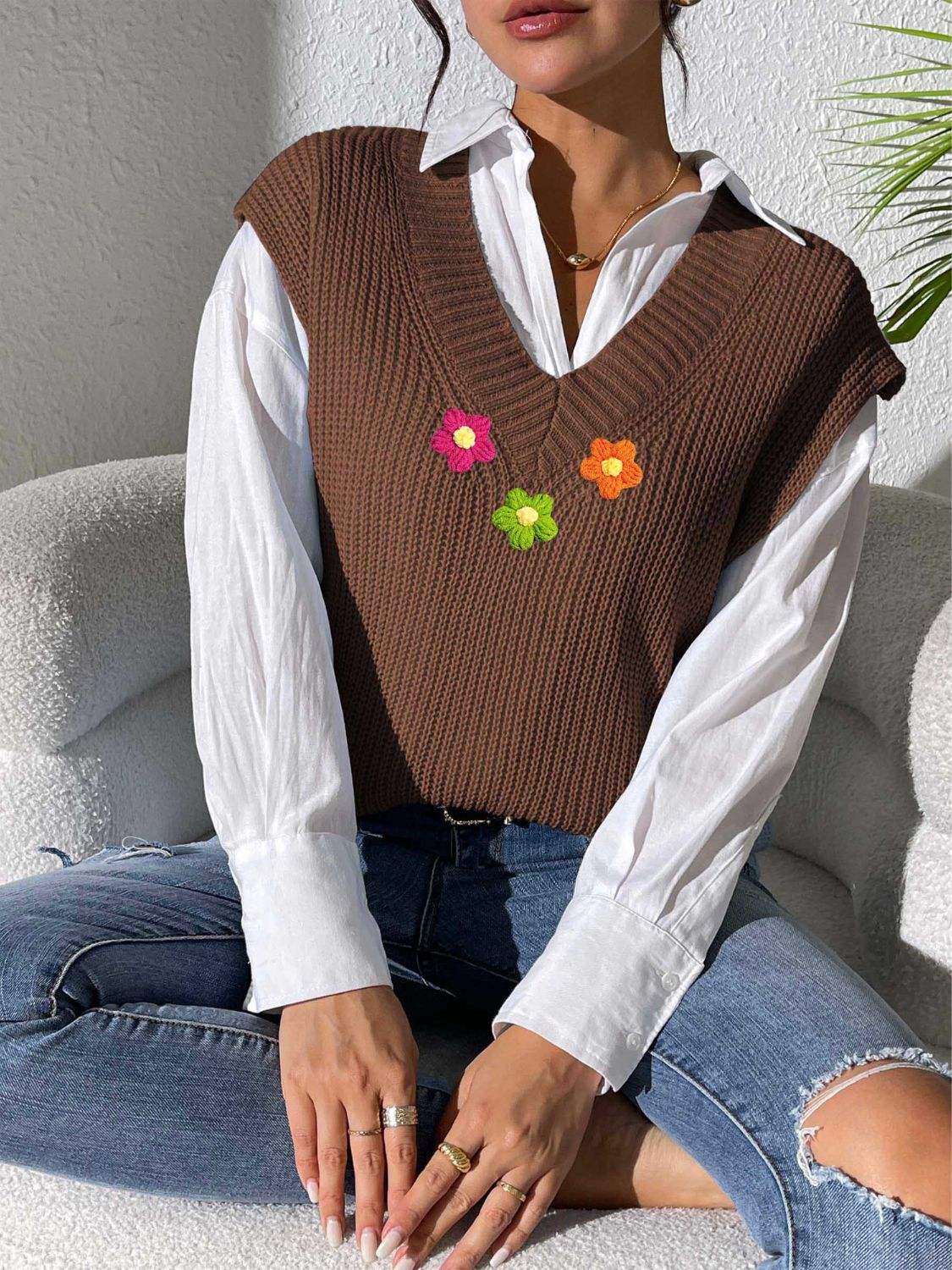 Flower V-Neck Sweater Vest - Trendsi - Flyclothing LLC