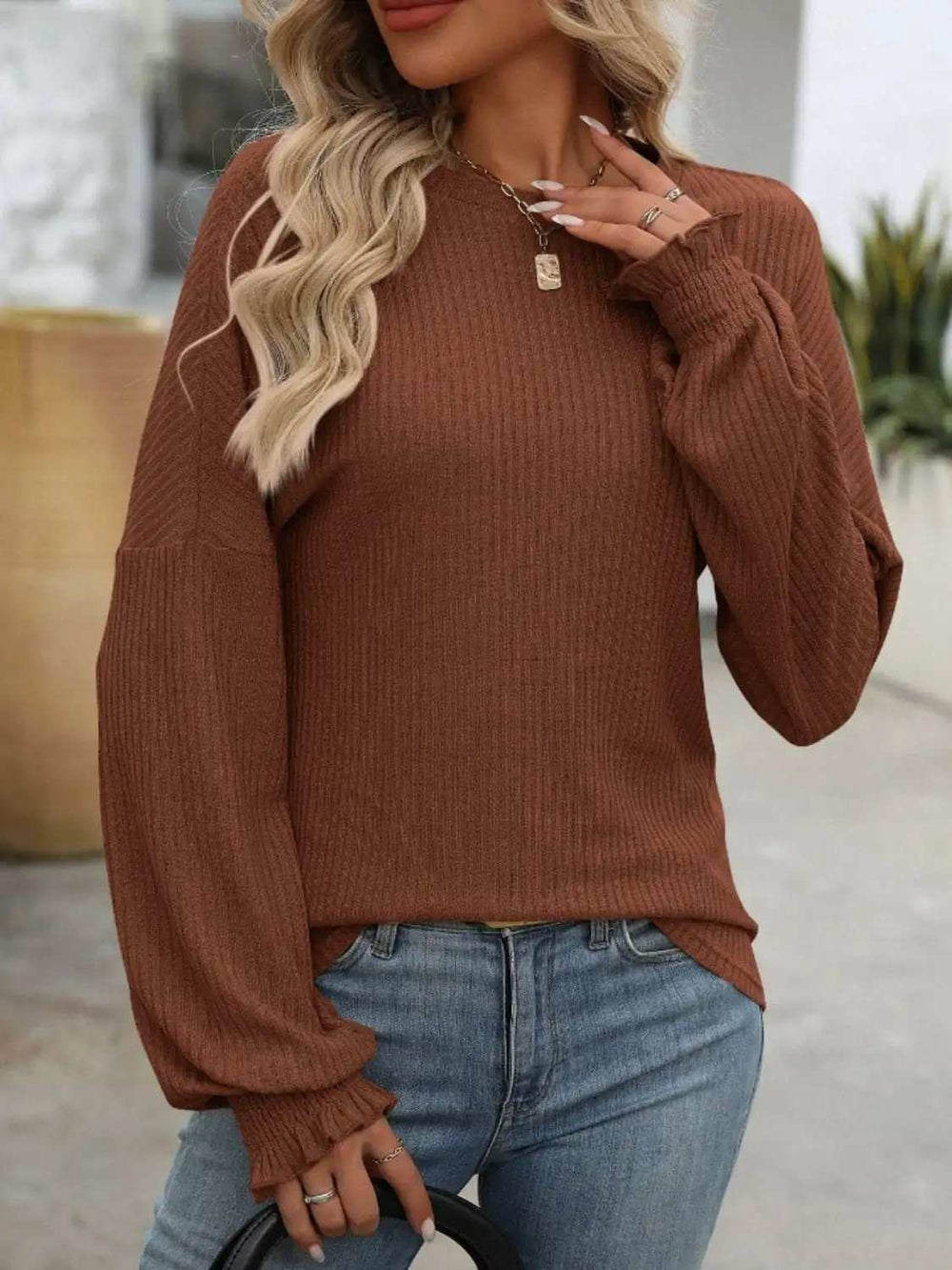 Ribbed Round Neck Long Sleeve T-Shirt - Trendsi - Flyclothing LLC