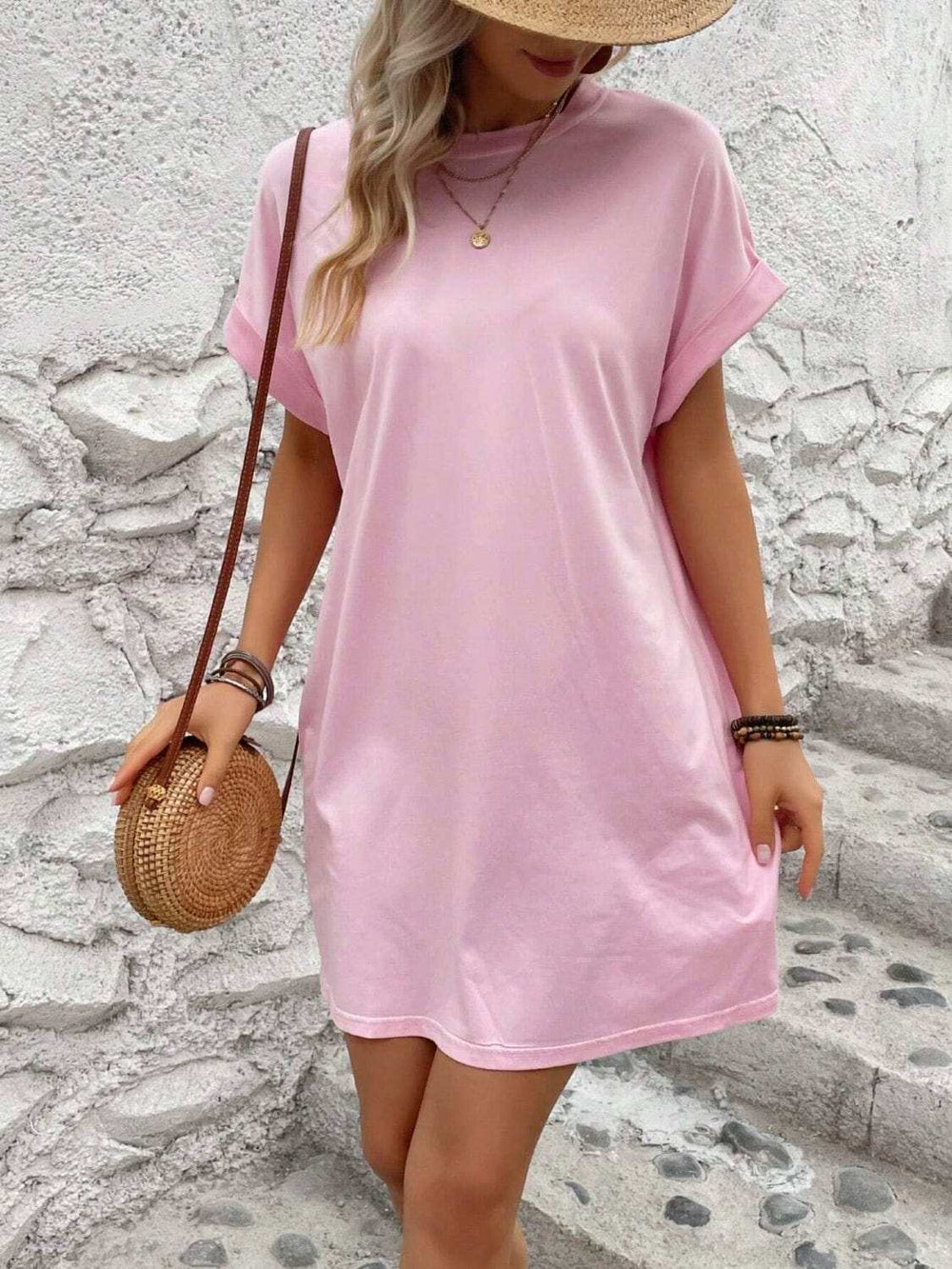 Round Neck Short Sleeve Mini Dress - Trendsi - Flyclothing LLC