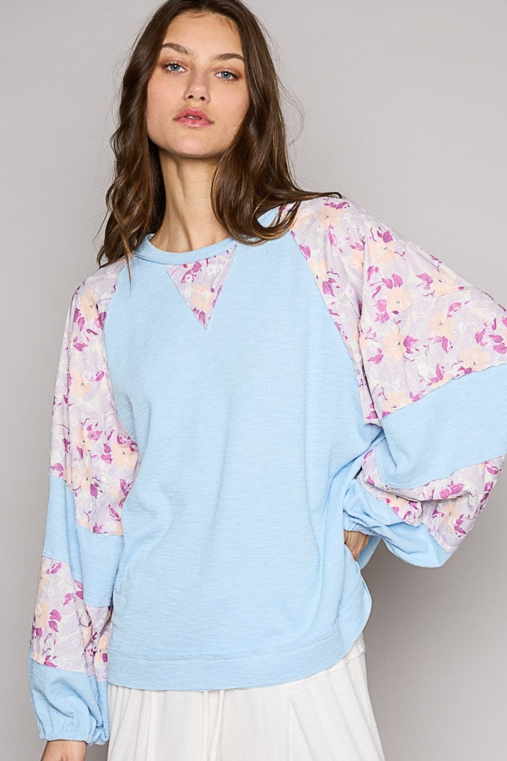 POL Round Neck Balloon Floral Long Sleeve Top - Trendsi