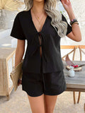 Devine Tied V-Neck Short Sleeve Top and Shorts Set - Trendsi - Flyclothing LLC