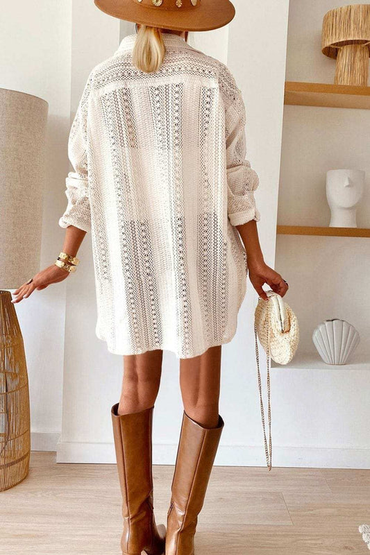 Lace Crochet Collared Neck Oversized Shirt - Trendsi - Flyclothing LLC