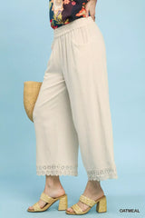 Umgee Linen Wide Leg Cropped Pants with Lace Trim - Trendsi - Flyclothing LLC