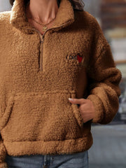 Heart Half Zip Long Sleeve Teddy Sweatshirt - Trendsi