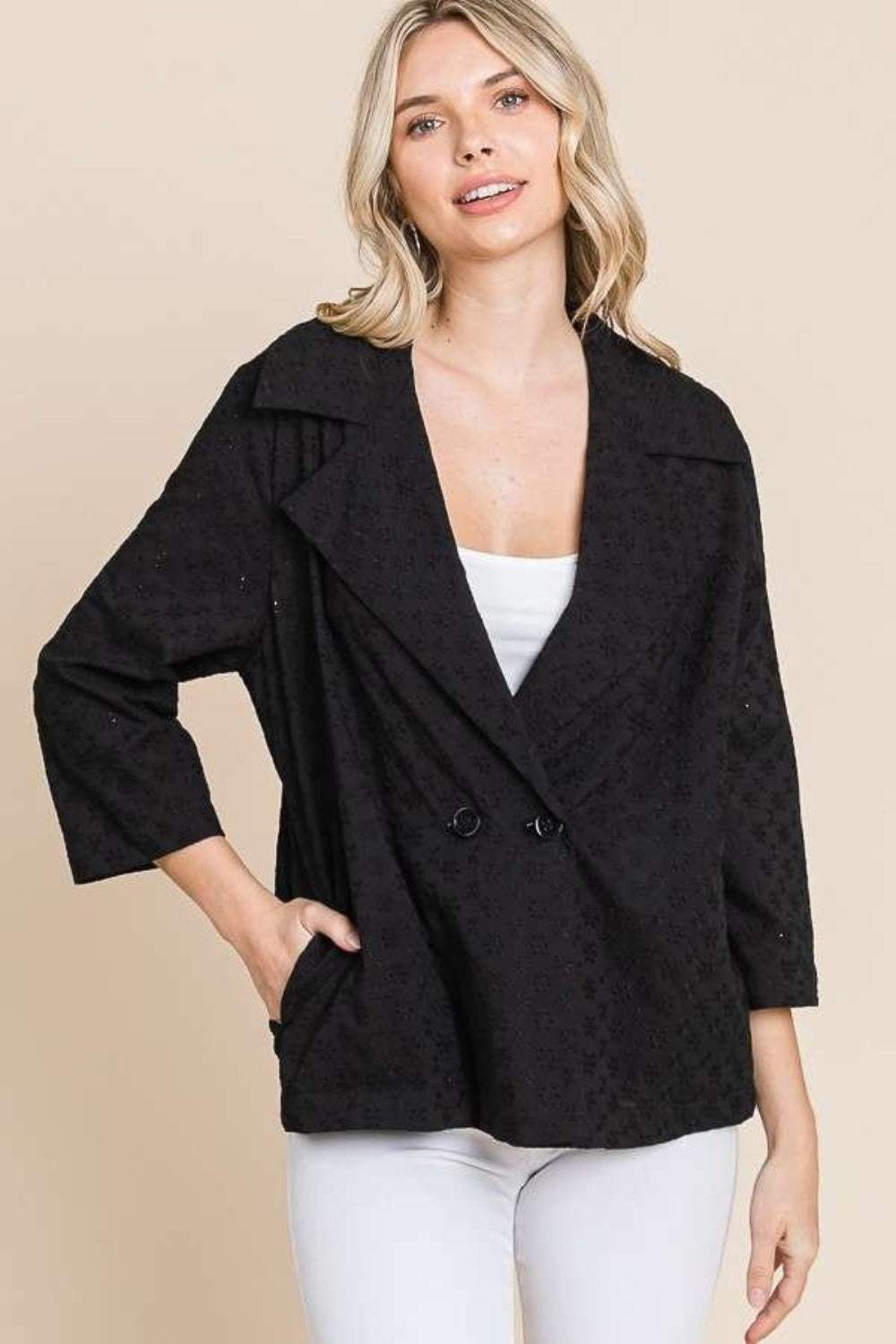 Culture Code Double Breasted Eyelet Jacket with Pockets - Trendsi - Flyclothing LLC