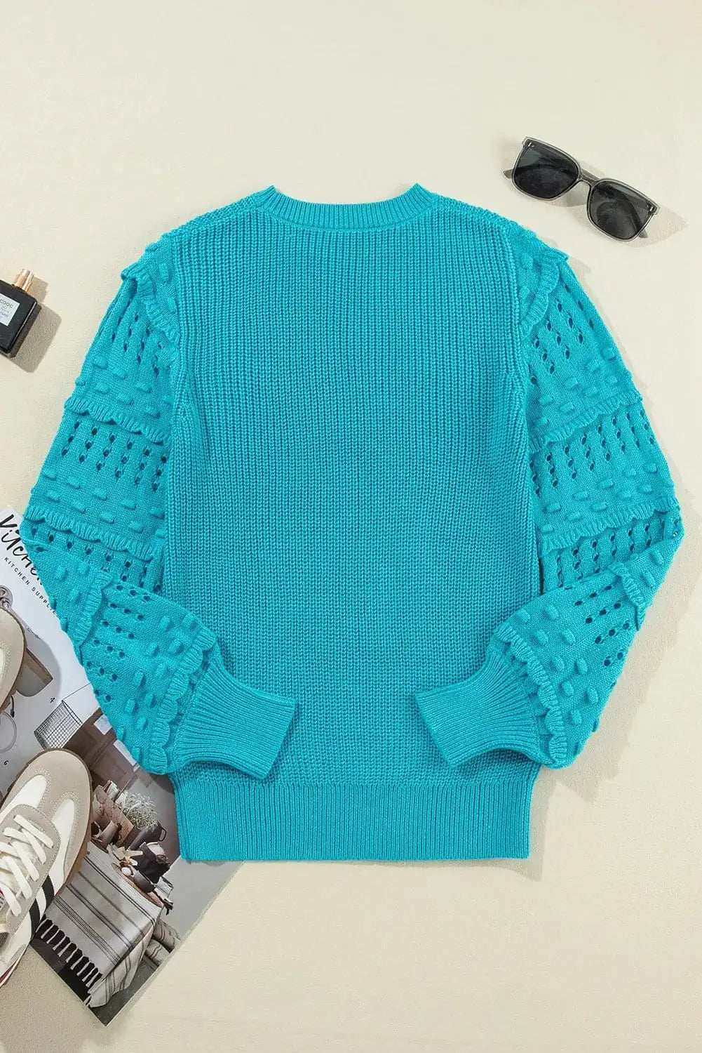 Openwork Frill Round Neck Long Sleeve Sweater - Trendsi - Flyclothing LLC