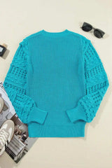 Openwork Frill Round Neck Long Sleeve Sweater - Trendsi - Flyclothing LLC