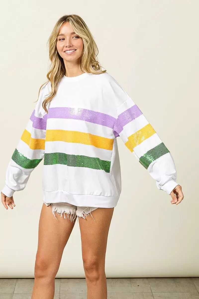 BiBi Sequin Mardi Gras Striped Round Neck Sweatshirt - Trendsi - Flyclothing LLC