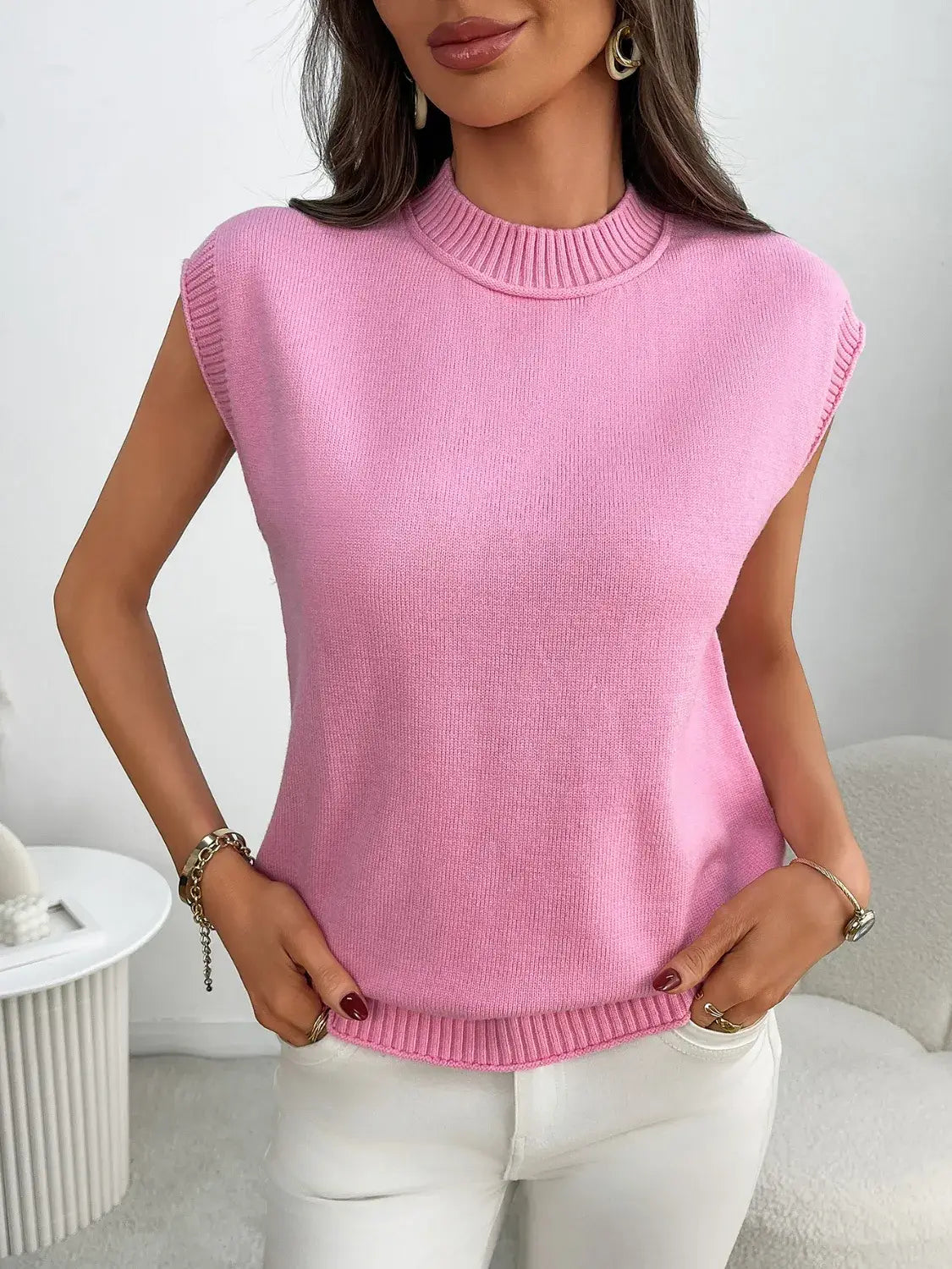 Mock Neck Cap Sleeve Knit Top - Trendsi - Flyclothing LLC