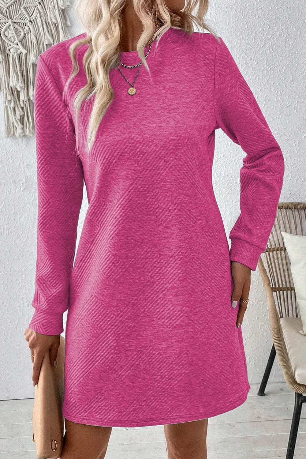 Textured Round Neck Long Sleeve Mini Dress - Trendsi - Flyclothing LLC