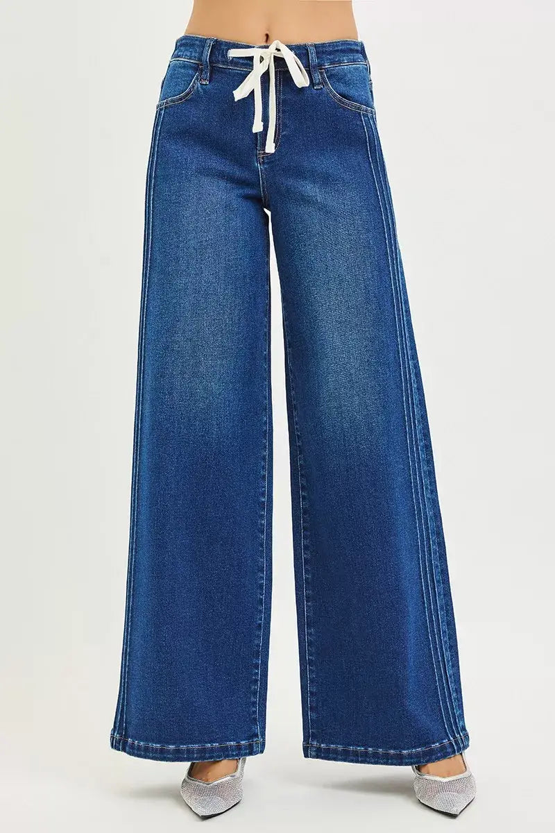 RISEN Full Size Mid Rise Wide Side Pintuck Jeans with Front Drawstring Plus Size - Trendsi - Flyclothing LLC