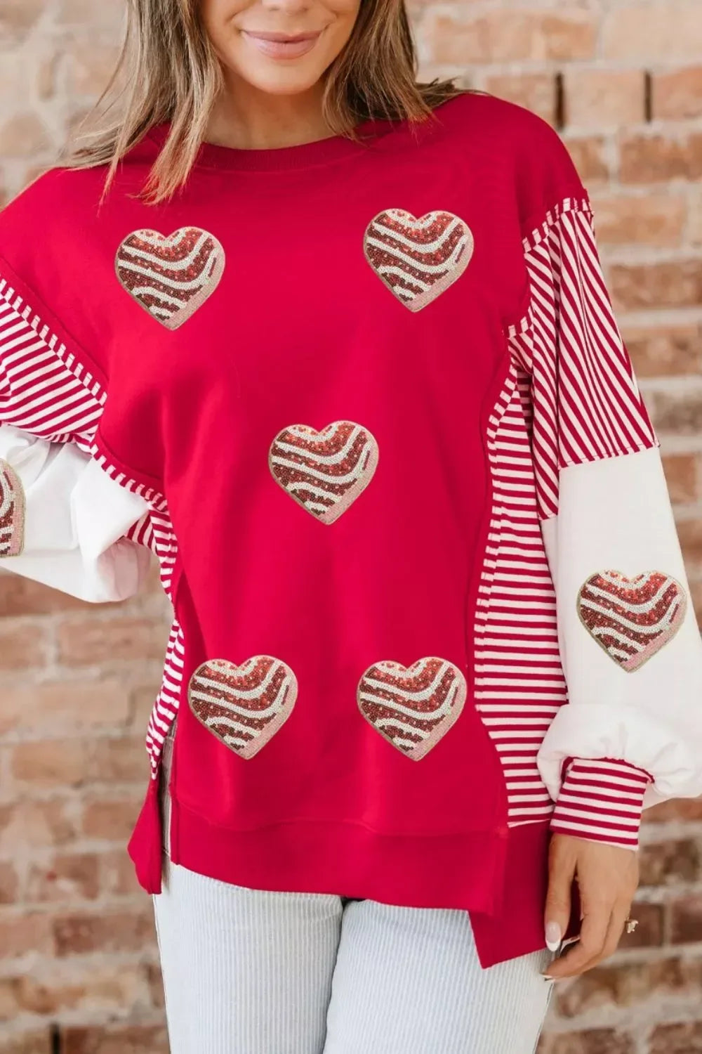 Color Block Striped Patchwork Valentines Day Sequin Heart Graphic Sweatshirt - Trendsi - Flyclothing LLC