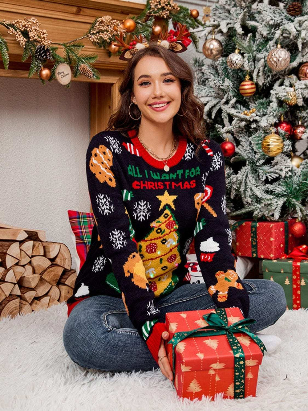 Christmas Element Round Neck Long Sleeve Sweater - Trendsi - Flyclothing LLC
