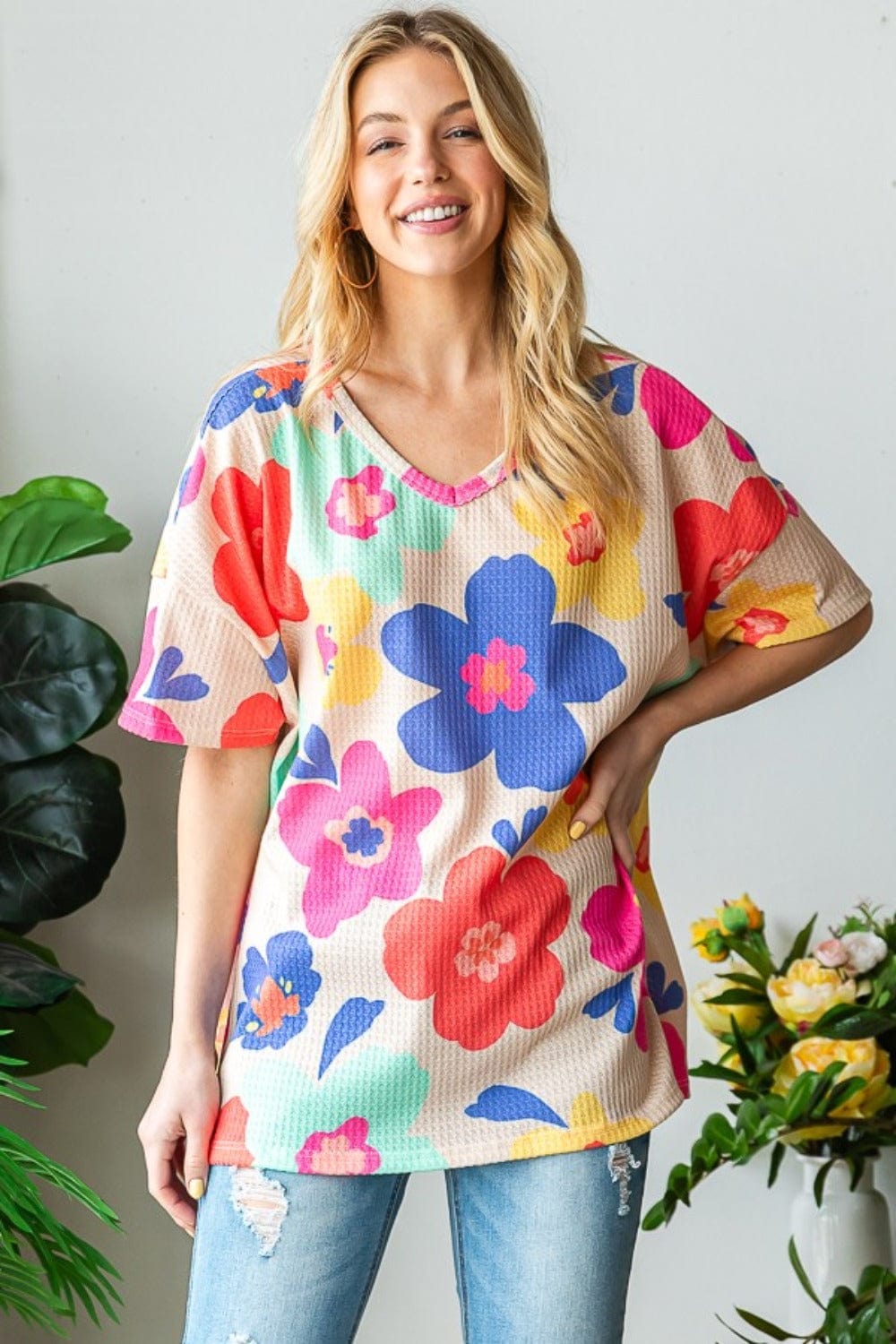 HOPELY Full Size Floral V-Neck Side Slit T-Shirt - Trendsi