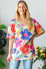 HOPELY Full Size Floral V-Neck Side Slit T-Shirt - Trendsi