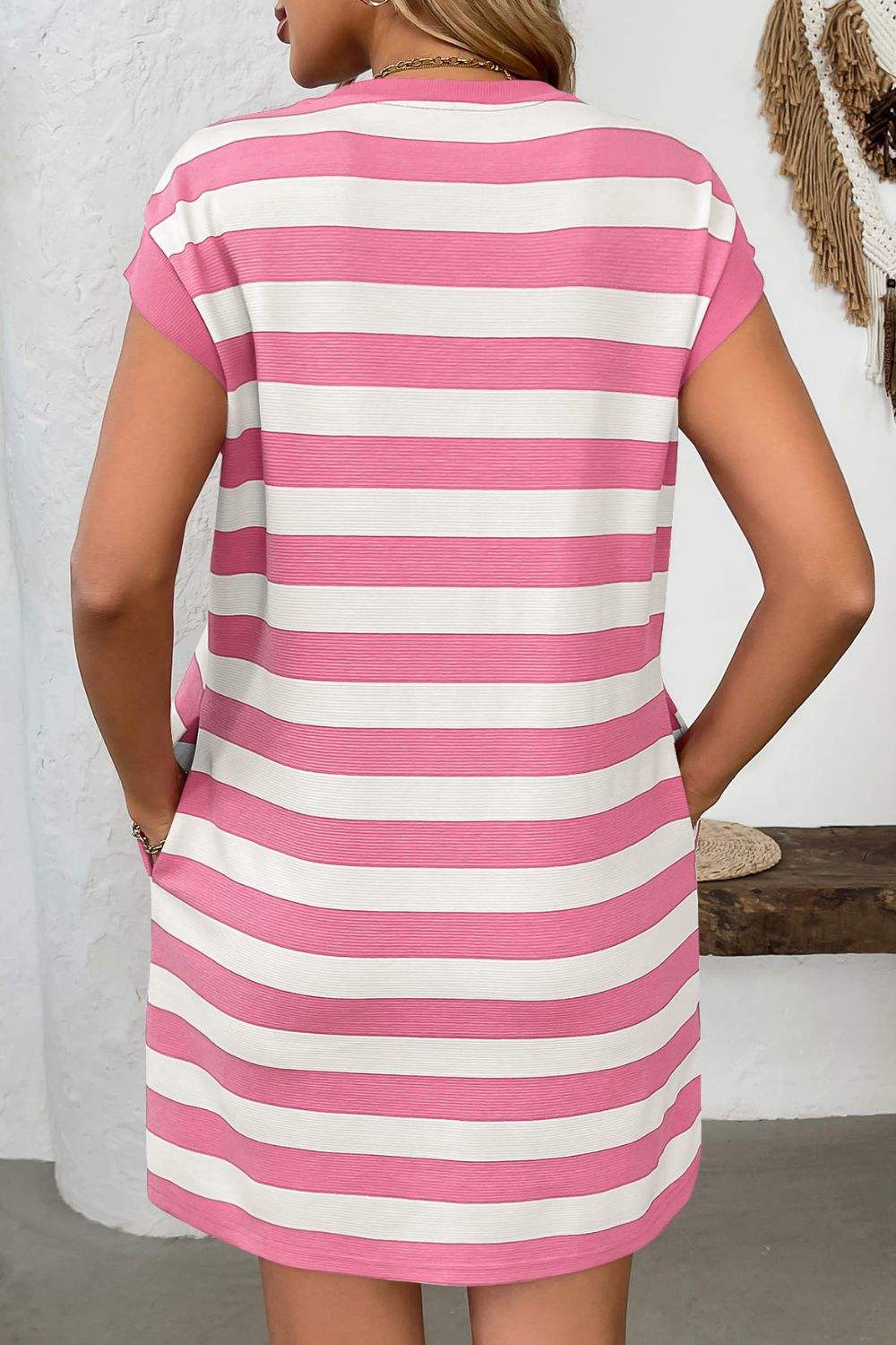 Contrast Striped Round Neck Short Sleeve Mini Dress - Trendsi - Flyclothing LLC
