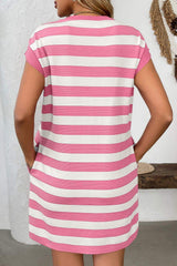Contrast Striped Round Neck Short Sleeve Mini Dress - Trendsi - Flyclothing LLC