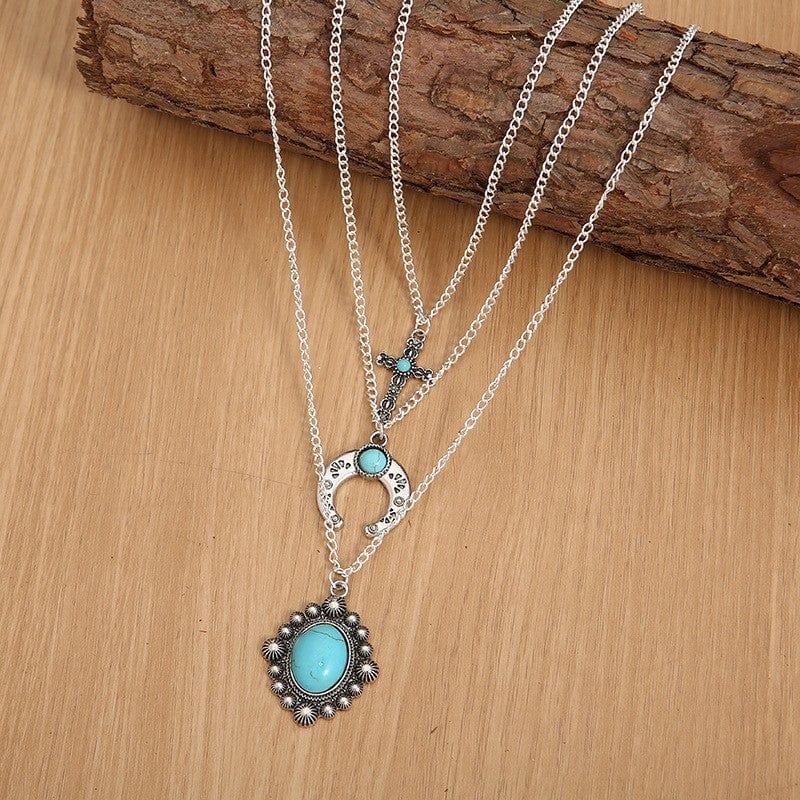 Artificial Turquoise Alloy Three-Layered Necklace - Trendsi