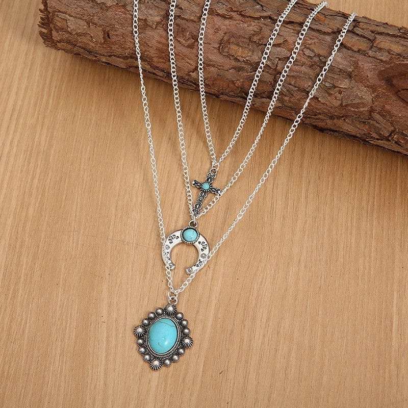Artificial Turquoise Alloy Three-Layered Necklace - Trendsi - Flyclothing LLC