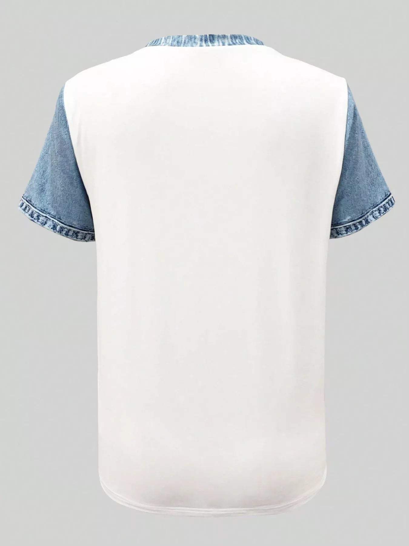 Denim Patchwork Short Sleeve Blouse - Trendsi - Flyclothing LLC