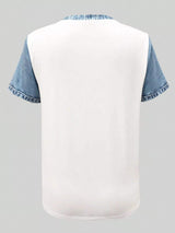 Denim Patchwork Short Sleeve Blouse - Trendsi - Flyclothing LLC