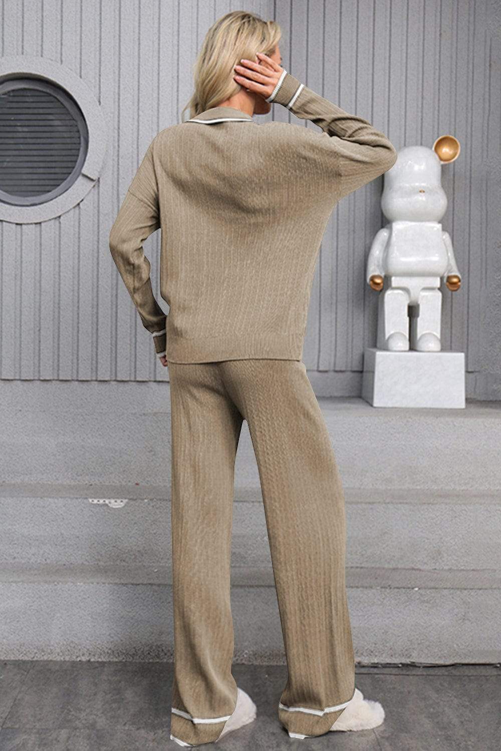 Contrast Trim Johnny Collar Top and Drawstring Pants Sweater Set - Trendsi - Flyclothing LLC