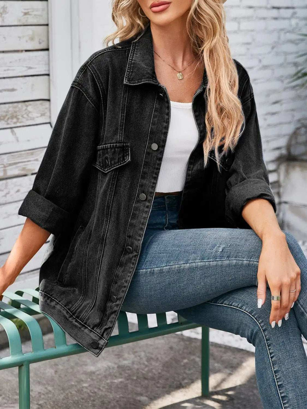Button Up Long Sleeve Denim Jacket - Trendsi - Flyclothing LLC